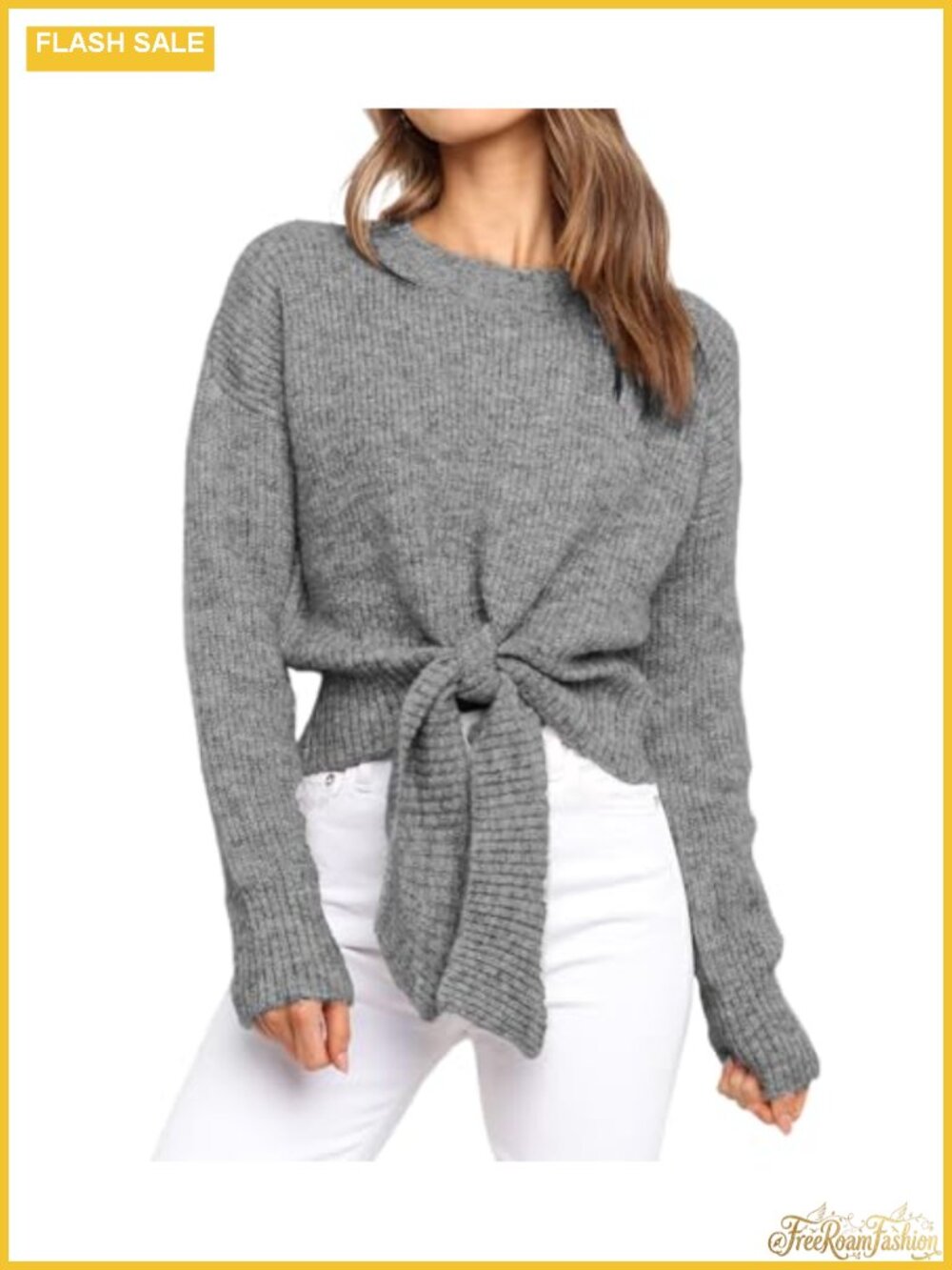 Women's Long Sleeve Tie Front Crop Sweater Chunky Cable Knit Pullover